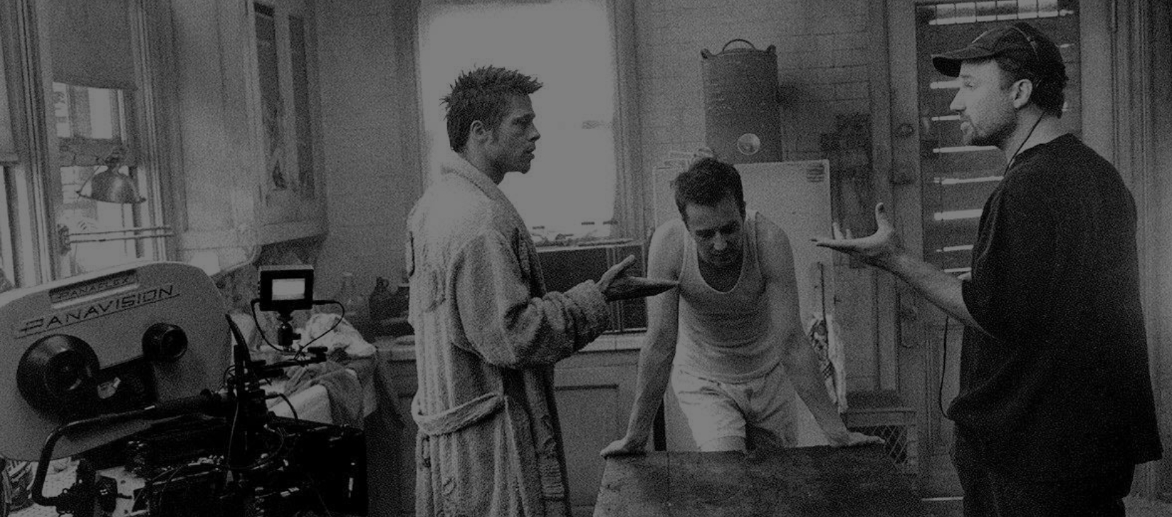 David Fincher, Brad Pitt, and Edward Norton on the set of Fight Club
